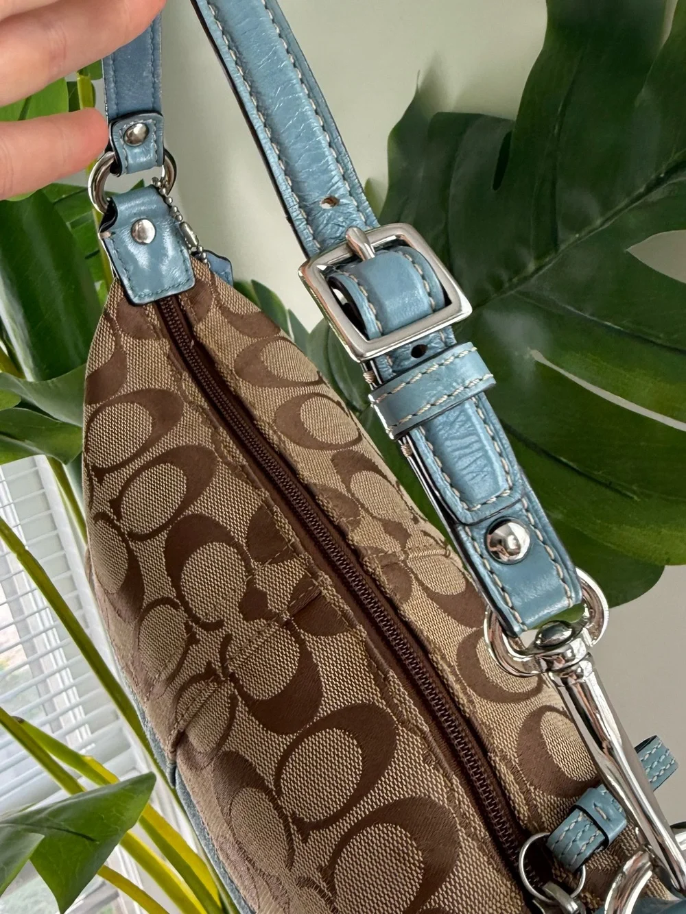 Coach Brown Signature Canvas Shoulder Bag with Blue Stripe